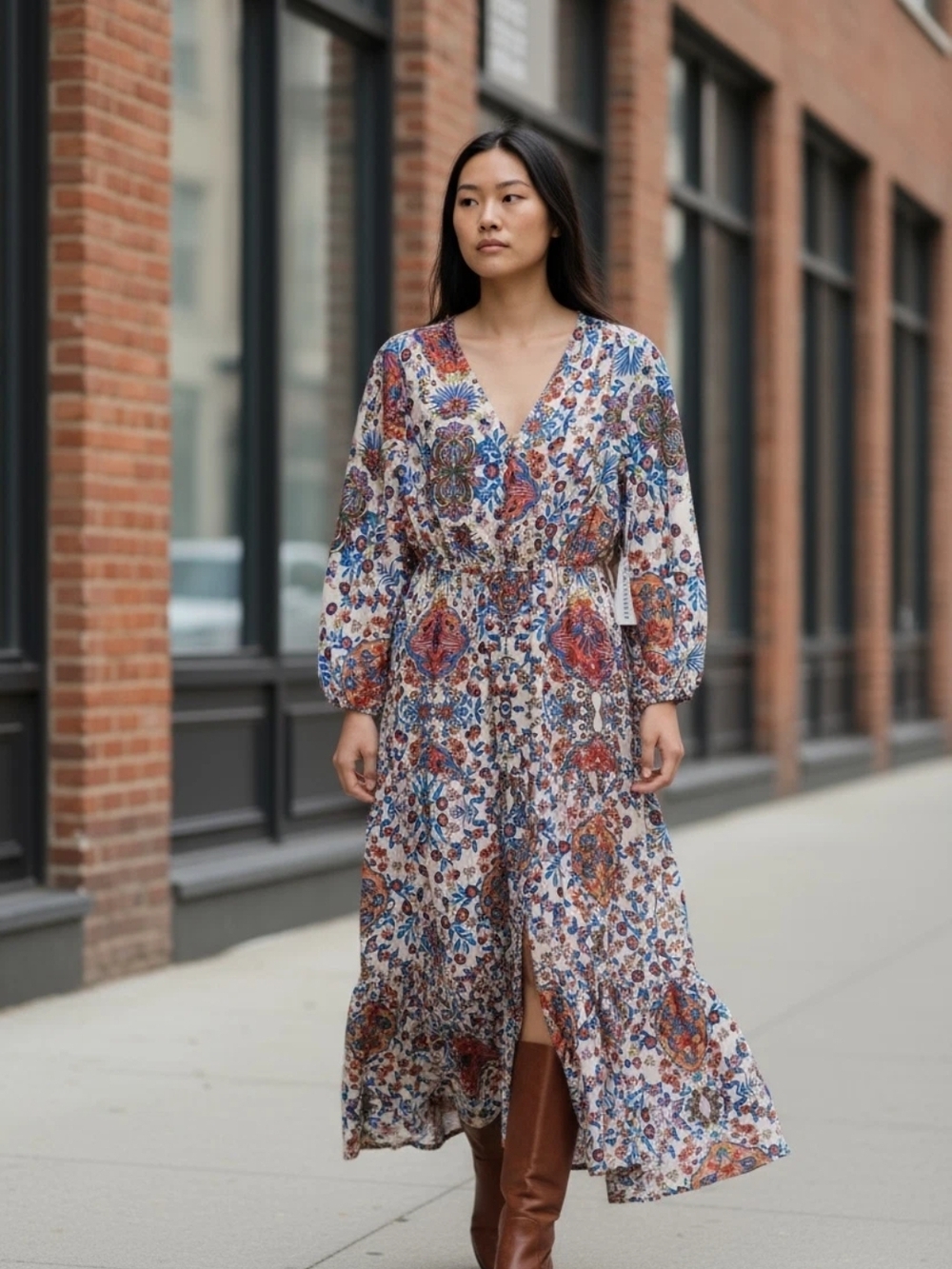 Anthropologie Cream Maxi Dress with Blue and Rust Floral Print